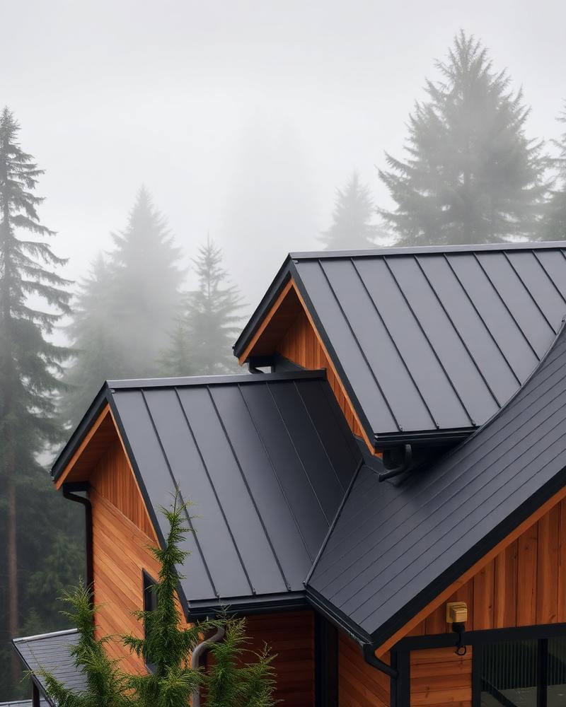 Matte black standing seam metal roof with cedar accents on a modern home in a misty evergreen forest